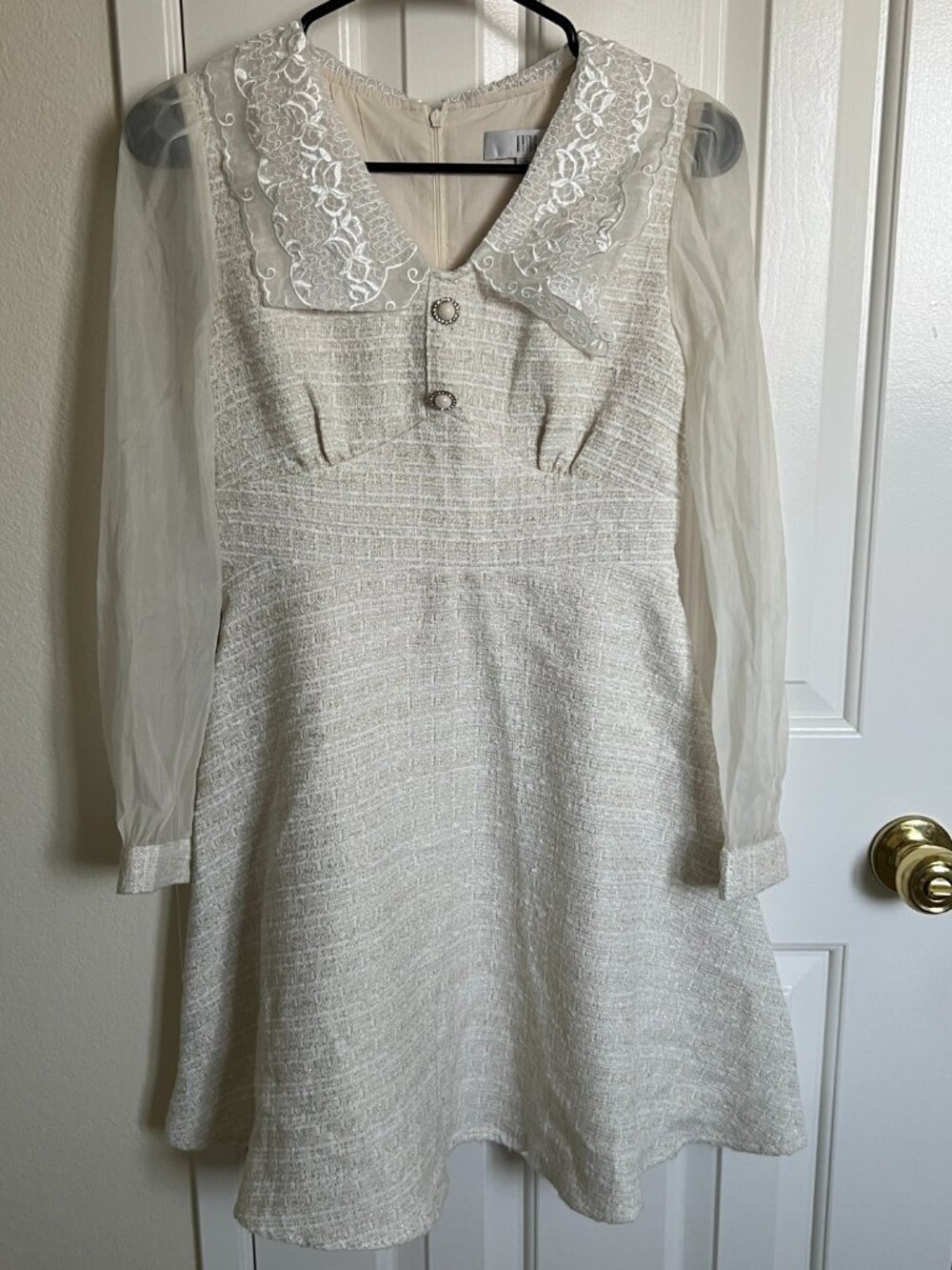 XYING Women Tweed Dress with Embroidered Lace Collar and Sheer Sleeves, Size S